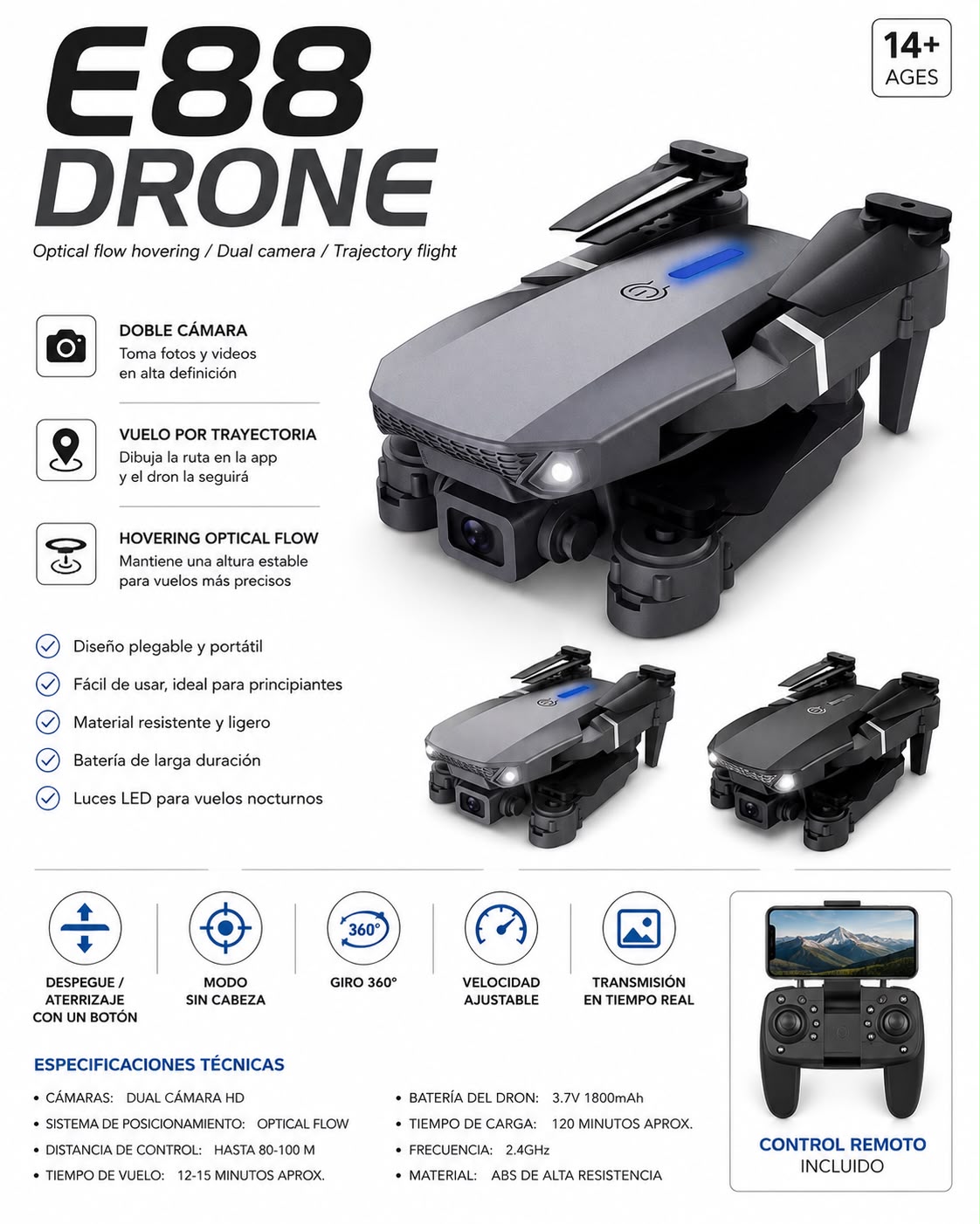 DRON E88 CON CAMARA Y CONTROL REMOTO
