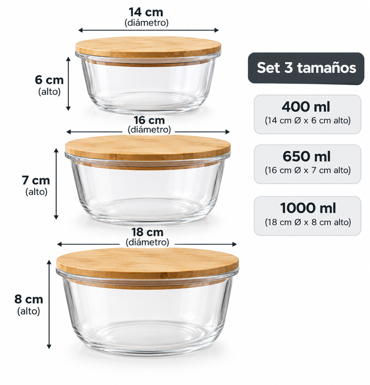 SET 3 BOWLS DE VIDRIO C/ TAPA 400 A 1000ML F0094 